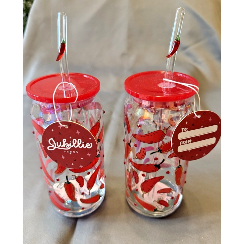 (2) Spicy Red Hot Chili Peppers Fiesta Jubilee Press Glass Tumblers Fused Straws